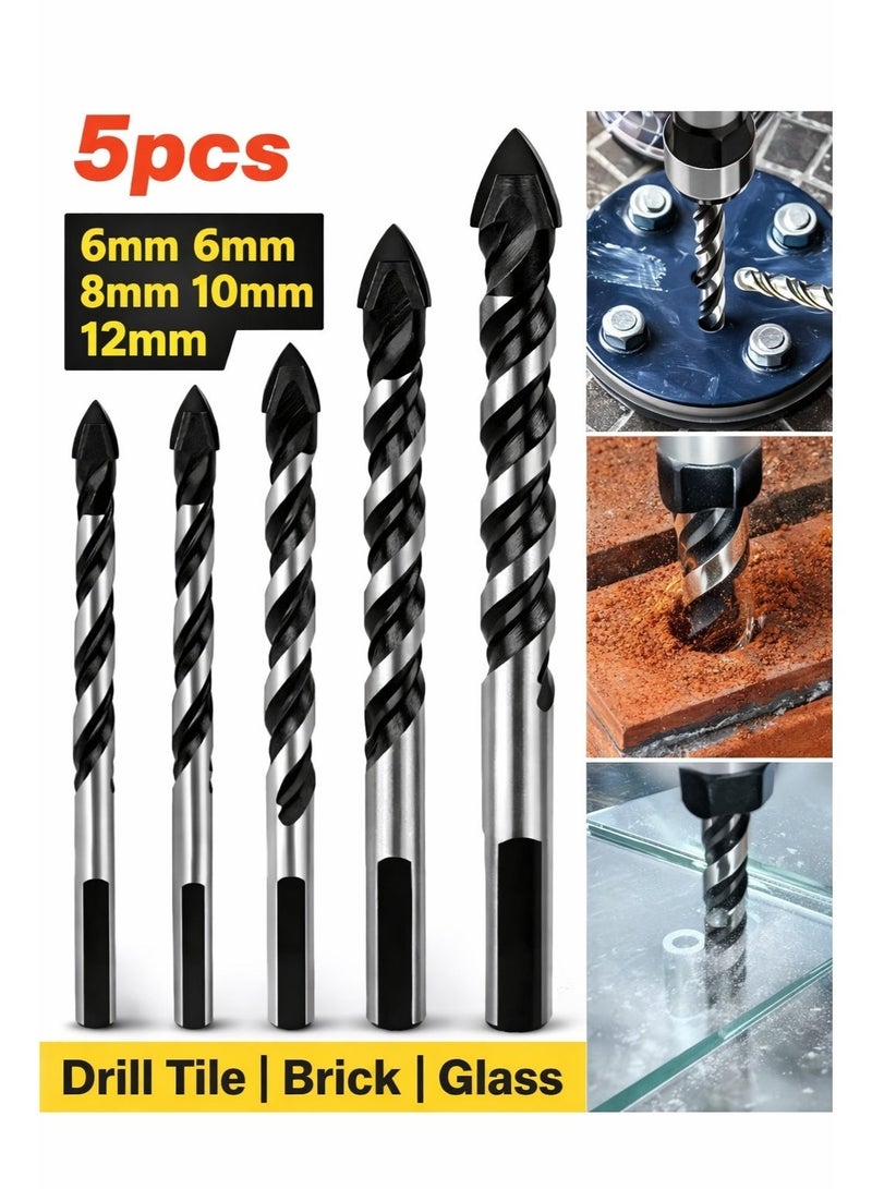 5-Piece Multi-Material Tungsten Carbide Drill Bit Set – 6/6/8/10/12mm for Tile, Concrete, Brick, Glass, Plastic & Wood – Fast Dust Removal & Durable Power Drill Accessory - Image 1